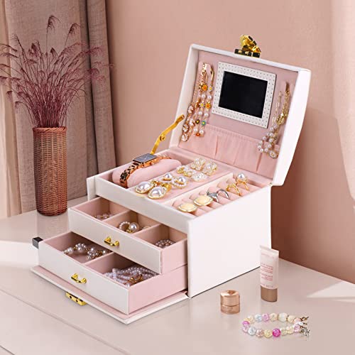 Jewelry Box for Girls Women, Jewelry Organizer Box 3 Layer with PU Leather, White Travel Jewelry Case with Mirror for Earring Ring Bracelet Necklace, Best Gift for Girls(Rose Lock & Butterfly Print)