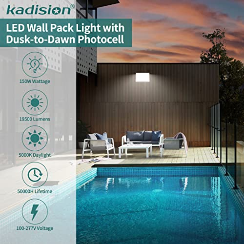 kadision LED Wall Pack Light with Photocell, 150W 19500LM 5000K Daylight 100-277V IP65 Waterproof, Dusk to Dawn Outdoor Lighting Fixture, ETL Listed