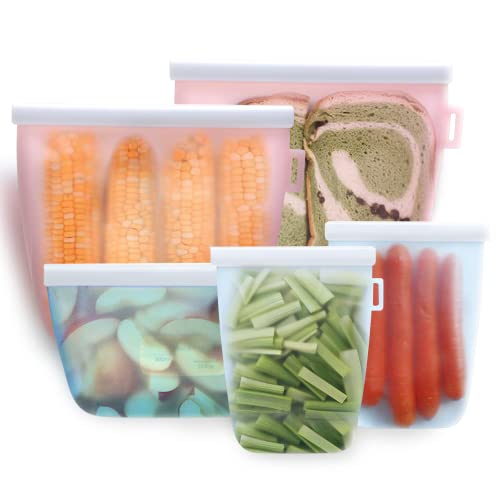 Silicone Reusable Food Storage Bags | 5 Pack Storage Containers Leakproof | Lunch, Sandwich, Vegetables | Freezer, Oven, Microwave Safe