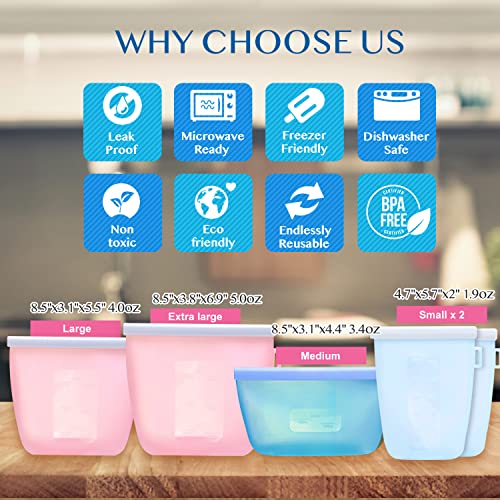 Silicone Reusable Food Storage Bags | 5 Pack Storage Containers Leakproof | Lunch, Sandwich, Vegetables | Freezer, Oven, Microwave Safe