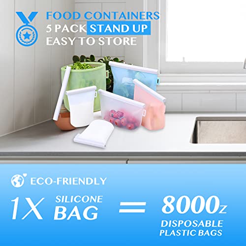 Silicone Reusable Food Storage Bags | 5 Pack Storage Containers Leakproof | Lunch, Sandwich, Vegetables | Freezer, Oven, Microwave Safe