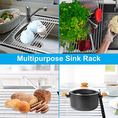 QUUREN Roll Up Dish Drying Rack, 22.8"x12.8" Over The Sink Dish Drying Rack with 2 Utensil Holder Stainless Steel Kitchen Sink Drying Rack Foldable Dish Drying Rack for Kitchen Sink (Black)