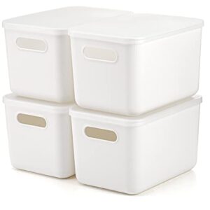 lawei 4 pack plastic storage bins with lid, white stackable storage basket organizer box, sturdy containers organizing lidded bins for shelves, cabinet, desk, pantry, bedroom, bathroom, book, toys