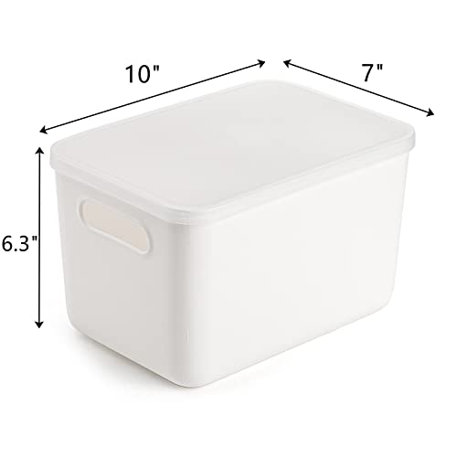 Lawei 4 Pack Plastic Storage Bins with Lid, White Stackable Storage Basket Organizer Box, Sturdy Containers Organizing Lidded Bins for Shelves, Cabinet, Desk, Pantry, Bedroom, Bathroom, Book, Toys