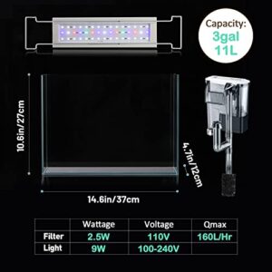 LAQUAL Aquarium Starter Kit (3 Gal), Rimless Glass Low Iron Fish Tank, Ultra Clear Fish Tank with Filter and Light, Small Beta Fish Tank & Filter with Surface Skimmer & 3-Mode LED Light