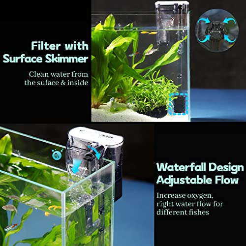 LAQUAL Aquarium Starter Kit (3 Gal), Rimless Glass Low Iron Fish Tank, Ultra Clear Fish Tank with Filter and Light, Small Beta Fish Tank & Filter with Surface Skimmer & 3-Mode LED Light