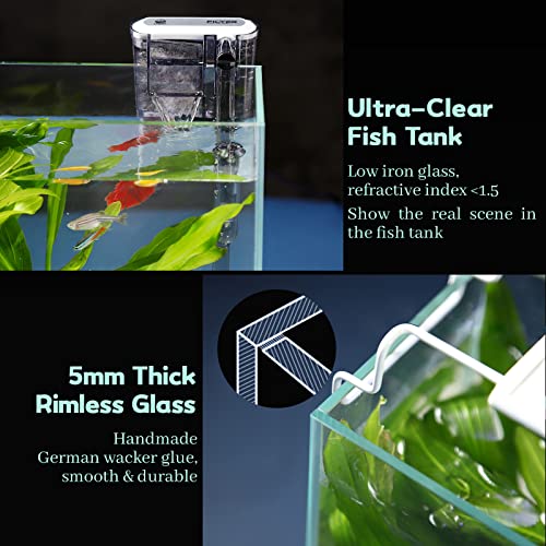 LAQUAL Aquarium Starter Kit (3 Gal), Rimless Glass Low Iron Fish Tank, Ultra Clear Fish Tank with Filter and Light, Small Beta Fish Tank & Filter with Surface Skimmer & 3-Mode LED Light