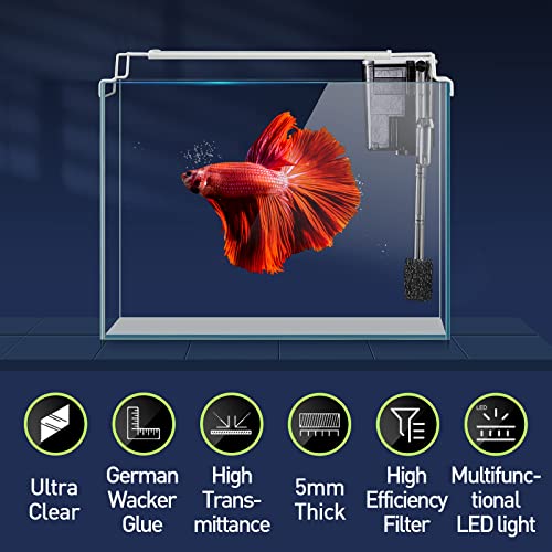 LAQUAL Aquarium Starter Kit (3 Gal), Rimless Glass Low Iron Fish Tank, Ultra Clear Fish Tank with Filter and Light, Small Beta Fish Tank & Filter with Surface Skimmer & 3-Mode LED Light