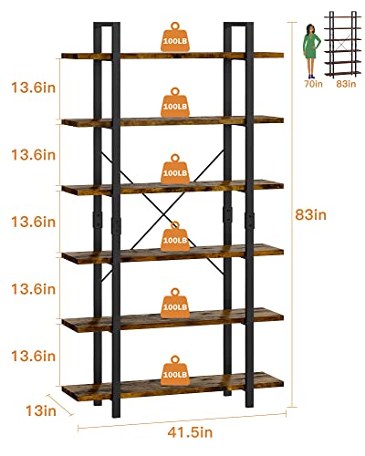 FRAPOW 83Inch Large Vintage Bookshelf, 6 Tier Industrial Etagere Displaying Bookshelf with Metal Frame for Home Living Room Office Study