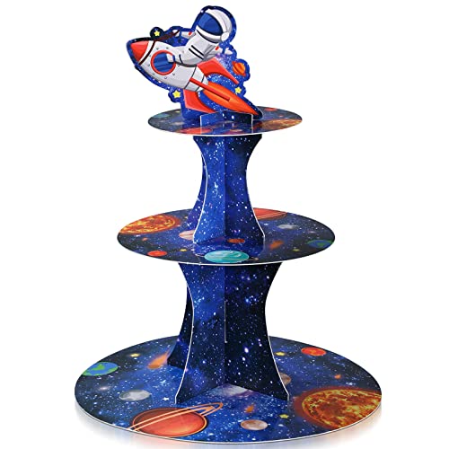 Outer Space Cupcake Stand 3 Tier Outer Space Party Decorations Cardboard Galaxy Birthday Cake Stand Holder Solar System Party Supplies for Space Theme Party Baby Shower Birthday Party Favors