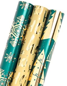 maypluss christmas wrapping paper roll - mini roll - 17 inch x 120 inch per roll - 3 different dark green with glitter metallic foil design(42.3 sq.ft.ttl)