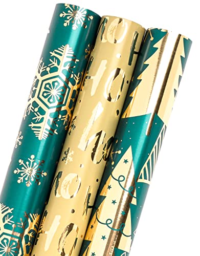 MAYPLUSS Christmas Wrapping Paper Roll - Mini Roll - 17 inch X 120 inch Per roll - 3 Different Dark Green with Glitter Metallic Foil Design(42.3 sq.ft.ttl)