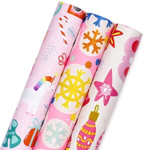 maypluss christmas wrapping paper roll - mini roll - 17 inch x 120 inch per roll - 3 different pink design (42.3 sq.ft.ttl)