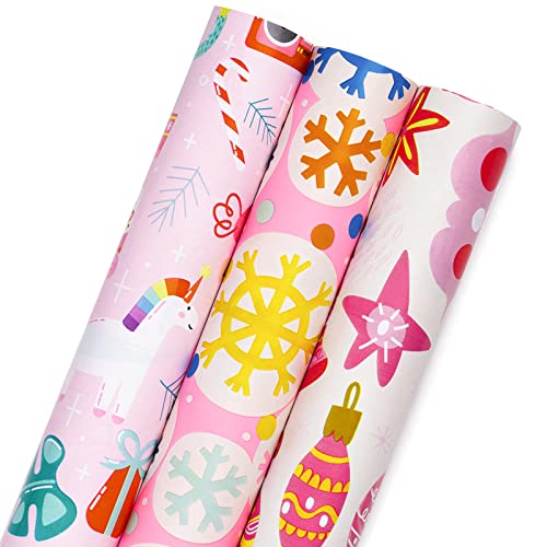 MAYPLUSS Christmas Wrapping Paper Roll - Mini Roll - 17 inch X 120 inch Per roll - 3 Different Pink Design (42.3 sq.ft.ttl)