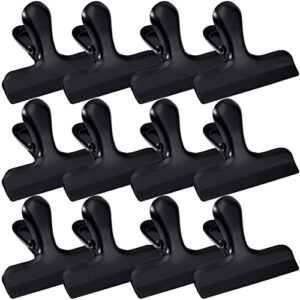12 pack stainless steel chip bag clips,chip clips 3 inch wide,metal food bag clips heavy duty,round edge air tight seal grips on coffee food bread bags,food clips for office kitchen home usage (black)