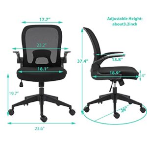 Ergonomic Office Chair Desk Chairs with Wheels and Arms, Breathable Mesh Computer Desk Chair with Lumbar Support, Flip-Up Arms/Foldable Backrest/Adjustable Height/Mid Back Task Chair (Black)