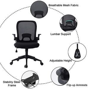 Ergonomic Office Chair Desk Chairs with Wheels and Arms, Breathable Mesh Computer Desk Chair with Lumbar Support, Flip-Up Arms/Foldable Backrest/Adjustable Height/Mid Back Task Chair (Black)