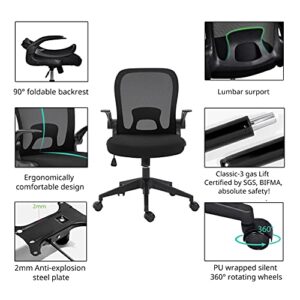 Ergonomic Office Chair Desk Chairs with Wheels and Arms, Breathable Mesh Computer Desk Chair with Lumbar Support, Flip-Up Arms/Foldable Backrest/Adjustable Height/Mid Back Task Chair (Black)