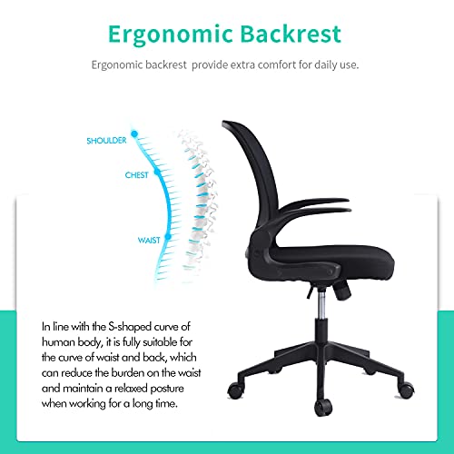 Ergonomic Office Chair Desk Chairs with Wheels and Arms, Breathable Mesh Computer Desk Chair with Lumbar Support, Flip-Up Arms/Foldable Backrest/Adjustable Height/Mid Back Task Chair (Black)