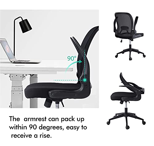 Ergonomic Office Chair Desk Chairs with Wheels and Arms, Breathable Mesh Computer Desk Chair with Lumbar Support, Flip-Up Arms/Foldable Backrest/Adjustable Height/Mid Back Task Chair (Black)