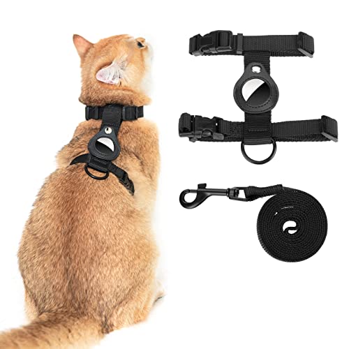 VKPETFR Cat Harness and Leash Set with Airtag Holder, Cats Escape Proof, Adjustable Kitten Harness for Small Large Cats, Lightweight Soft Walking Travel Harness(Black)