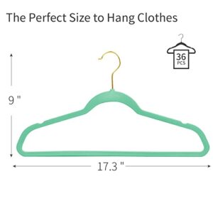 ManGotree Velvet Hangers, Coat&Suite Hangers, No-Slip Hangers, Ultra-Slim Space Saving Hangers, Sturdy&Durable Clothes Hangers, 360 Swivel Golden-Plated Hook, 36 Pack (Teal)