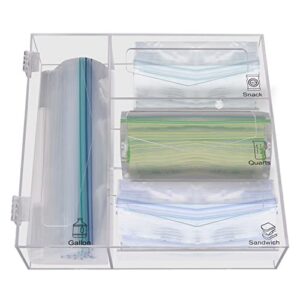 bag storage organizer, ziplock bag organizer acrylic food plastic bag dispenser for kitchen drawer or wall mount compatible with gallon, sandwich, snack various size bags