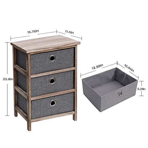 Babion Nightstand with 3 Drawers, Bedside Tables for Bedroom, Hallway, Nightstand Storage Cabinet, End Table with Organizer Fabric Drawers, Wood Top Fabric Dresser, Gray