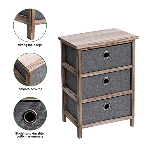 Babion Nightstand with 3 Drawers, Bedside Tables for Bedroom, Hallway, Nightstand Storage Cabinet, End Table with Organizer Fabric Drawers, Wood Top Fabric Dresser, Gray