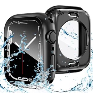 goton 2 in 1 waterproof case for apple watch series 8 & series 7 45mm screen protector, 360 protective glass face cover hard pc bumper + back frame for iwatch 8/7 accessories 45 mm, black