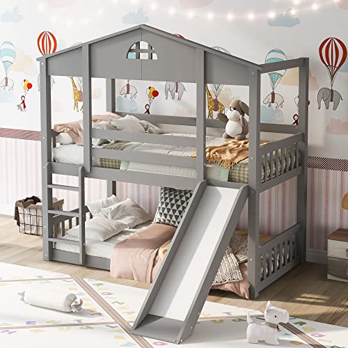 Harper & Bright Designs Twin Over Twin House Bunk Bed with Slide and Ladder, Wooden Floor Bunk Bed Frame with Roof, for Kids Girls Boys (Gray)