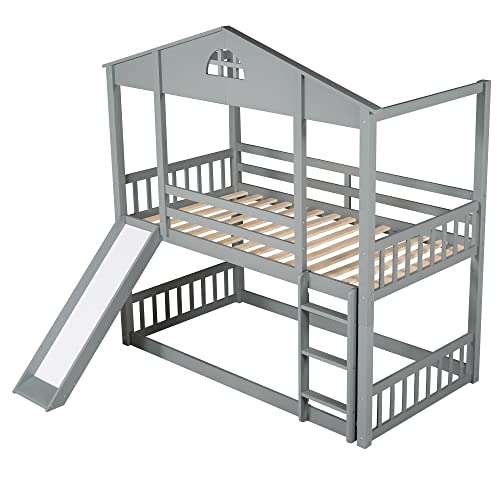 Harper & Bright Designs Twin Over Twin House Bunk Bed with Slide and Ladder, Wooden Floor Bunk Bed Frame with Roof, for Kids Girls Boys (Gray)