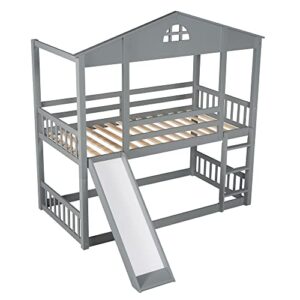 Harper & Bright Designs Twin Over Twin House Bunk Bed with Slide and Ladder, Wooden Floor Bunk Bed Frame with Roof, for Kids Girls Boys (Gray)