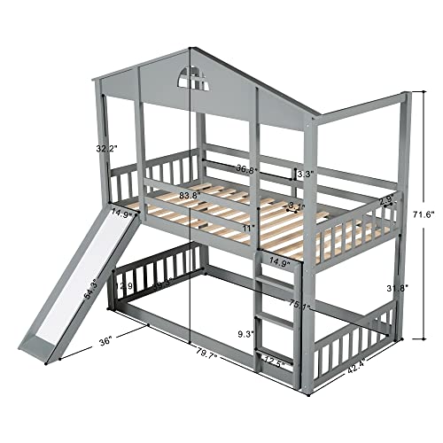 Harper & Bright Designs Twin Over Twin House Bunk Bed with Slide and Ladder, Wooden Floor Bunk Bed Frame with Roof, for Kids Girls Boys (Gray)