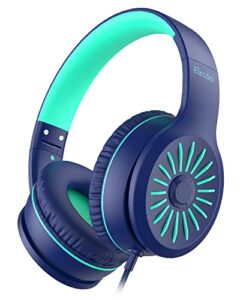 elecder i45 on-ear headphones with microphone - foldable stereo bass headphones with no-tangle 1.5m cord, 3.5mm jack, portable wired headphones for school/kids/teens/smartphones/travel/tablet - blue