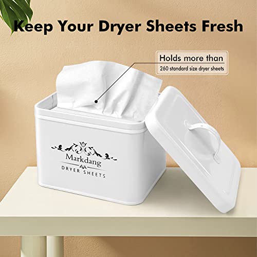Markdang Dryer Sheet Holder Dispenser with Lid for Laundry Room Organization Modern Farmhouse Metal Magnetic Dryer Sheet Container for Laundry Room Decor and Accessories (White)