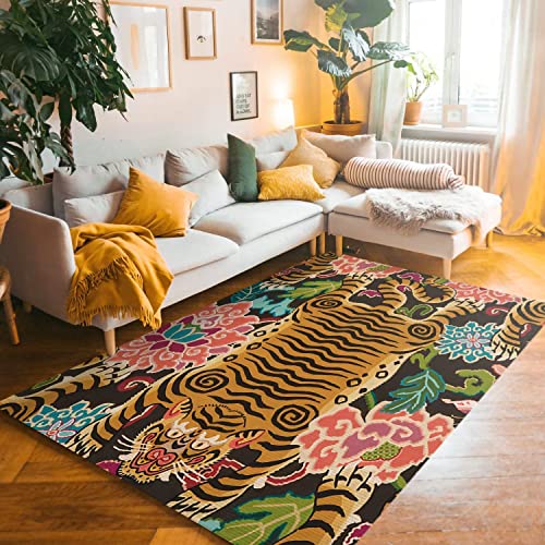 Bohemian Tibetan Tiger and Floral Area Rug Hand Woven Vintage Tiger Area Rug Colorful Moroccan Rug,Tiger Rugs for Color 4X6 ft