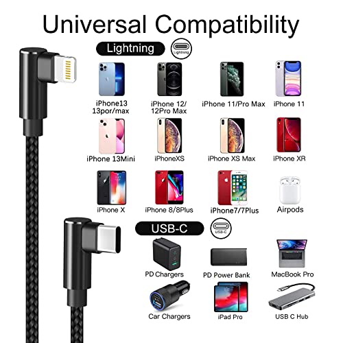 USB C to Lightning Cable 3ft MFi Certified 3 Pack 90 Degree iPhone Charger Nylon Braided Right Angle Lightning to USB C PD Fast Charging Cable for iPhone 13 12 11 Pro X XS XR 8 Plus 7 6 5(Black)