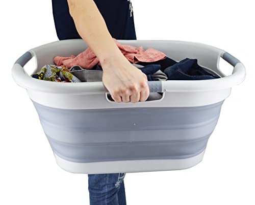 SAMMART 40L (10.5 gallon) Collapsible Plastic Laundry Basket - Foldable Pop Up Storage Container/Organizer - Portable Washing Tub - Space Saving Hamper/Basket (1, Grey/Dark Grey)