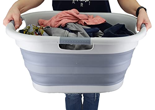 SAMMART 40L (10.5 gallon) Collapsible Plastic Laundry Basket - Foldable Pop Up Storage Container/Organizer - Portable Washing Tub - Space Saving Hamper/Basket (1, Grey/Dark Grey)