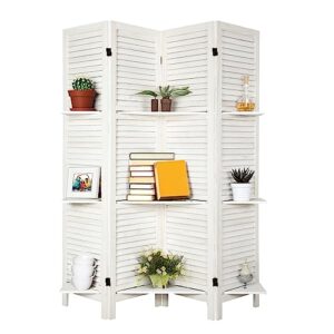 ECOMEX 4 Panel Room Divider with Shelves 5.6Ft Tall Folding Privacy Screens Room Dividers for Bedroom Home Double Hinged Wooden Room Dividers and Room Separator, White