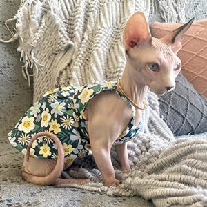 Hairless Cat Clothes - Breathable Summer Cotton Sundress with Sunflower Print Suspender Skirt Elegant Romantic Girly Vest Soft Princess Dress for Sphynx, Cornish Rex, Devon Rex, Peterbald (XS)