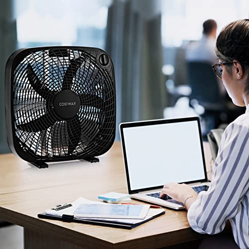 COSTWAY 3-Speed Box Fan, 20 Inches Portable Floor Fan with Knob Control, 2 Supporting Feet, Compact Lightweight Cooling Fan for Full-Force Circulation, Quiet Operation for Home Office Garage, Black