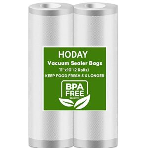 hoday vacuum sealer bags, 2 pack rolls 11”x10’ for food saver, bpa free for vac storage, meal seal or sous vide, heavy duty & puncture prevention vacuum storage bags (2)