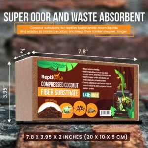 ReptiCasa Compressed Coconut Fiber Substrate, 1.4 lb. Bricks, Natural Husk Terrarium Bedding, Reptiles, Frogs, Snakes, or Tortoise, Odor and Waste Absorbent Compostable, 5 Pack