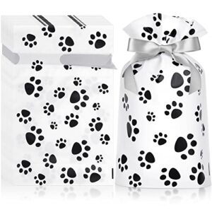 yidako 50 pieces paw print goodie bags, plastic dog gift bags with drawstring, treat candy bags for dog cat theme party favors and boys girls birthday party supplies decorations, 9× 6 inch