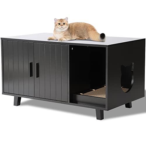 LOUVIXA Litter Box Enclosure, Cat Litter Box Furniture Hidden Cat Washroom Furniture House Table Nightstand with Cat Scratch Pad (Black)