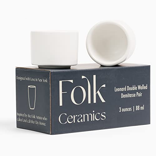 Folk Ceramics Leonard Double Walled Ceramic Espresso Cups | Set of 2, 3oz, Whisper White | Modern Insulated Stackable Demitasse Mugs for Espresso| Handleless, Durable, Dishwasher & Microwave Safe