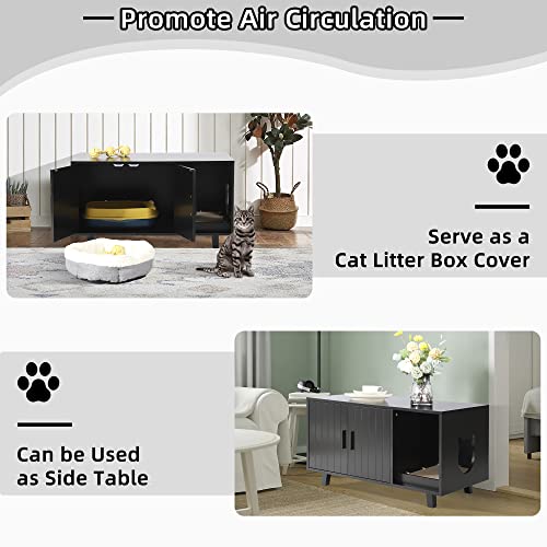 LOUVIXA Litter Box Enclosure, Cat Litter Box Furniture Hidden Cat Washroom Furniture House Table Nightstand with Cat Scratch Pad (Black)