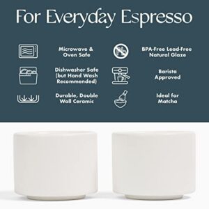 Folk Ceramics Leonard Double Walled Ceramic Espresso Cups | Set of 2, 3oz, Whisper White | Modern Insulated Stackable Demitasse Mugs for Espresso| Handleless, Durable, Dishwasher & Microwave Safe